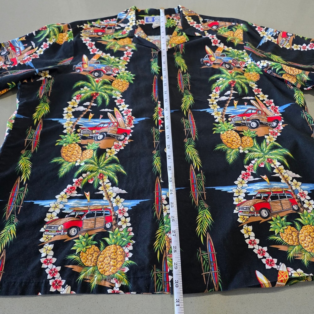 RJC Hawaiian Shirt Mens‎ XL Black Woodie Car Surfboard Pineapple Tropical Hawaii - Picture 9 of 12
